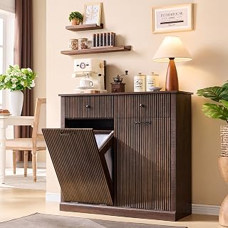 Modern Double Tilt-Out Trash Cabinet, 20 Gallon Fluted Laundry Hamper Cabinet with 2 Drawers, Wooden Hidden Garbage Can Cabinet w/Storage Basket,Free Standing for Kitchen & Living Room, Brown - Amazon product rated Grade A
