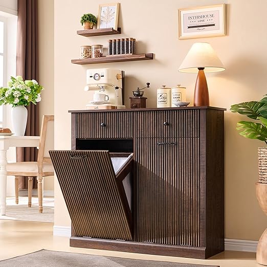 IFGET Modern Double Tilt-Out Trash Cabinet, 20 Gallon Fluted Laundry Hamper Cabinet with 2 Drawers, Wooden Hidden Garbage Can Cabinets w/Storage Basket,Free Standing for Kitchen & Living Room, Brown