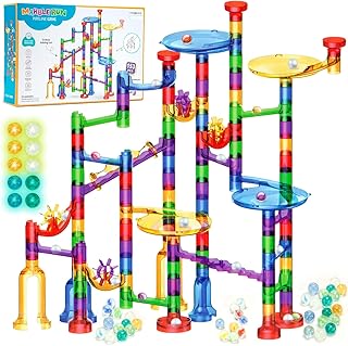 Marble Run Toy, 153pcs Marble Maze Kit STEM Educational Learning Toy for Kids, Construction Building Blocks Toys, Birthday Gift for Boys Girls 3-8（with 10 Glow in The Dark Glass Marbles）