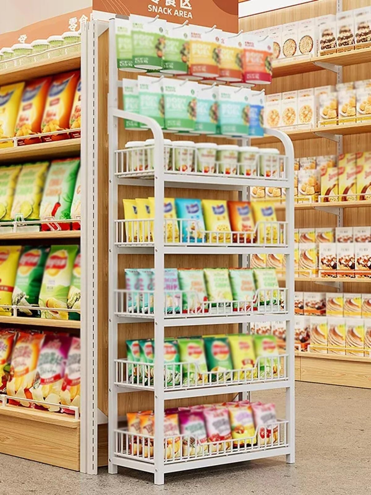 Genérico Expositor de 5 Niveles para Snacks, Cine en casa y supermercado, 50 x 27 x 166 cm, Blanco, con Ganchos para Patatas Fritas y Dulces, Organizador de Snacks para Oficina, Gran Capacidad.