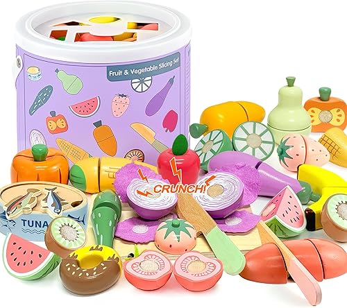 WHOHOLL Juego de alimentos para jugar, accesorios de cocina, juguetes de madera, cortar alimentos, frutas y verduras Montessori, regalos de