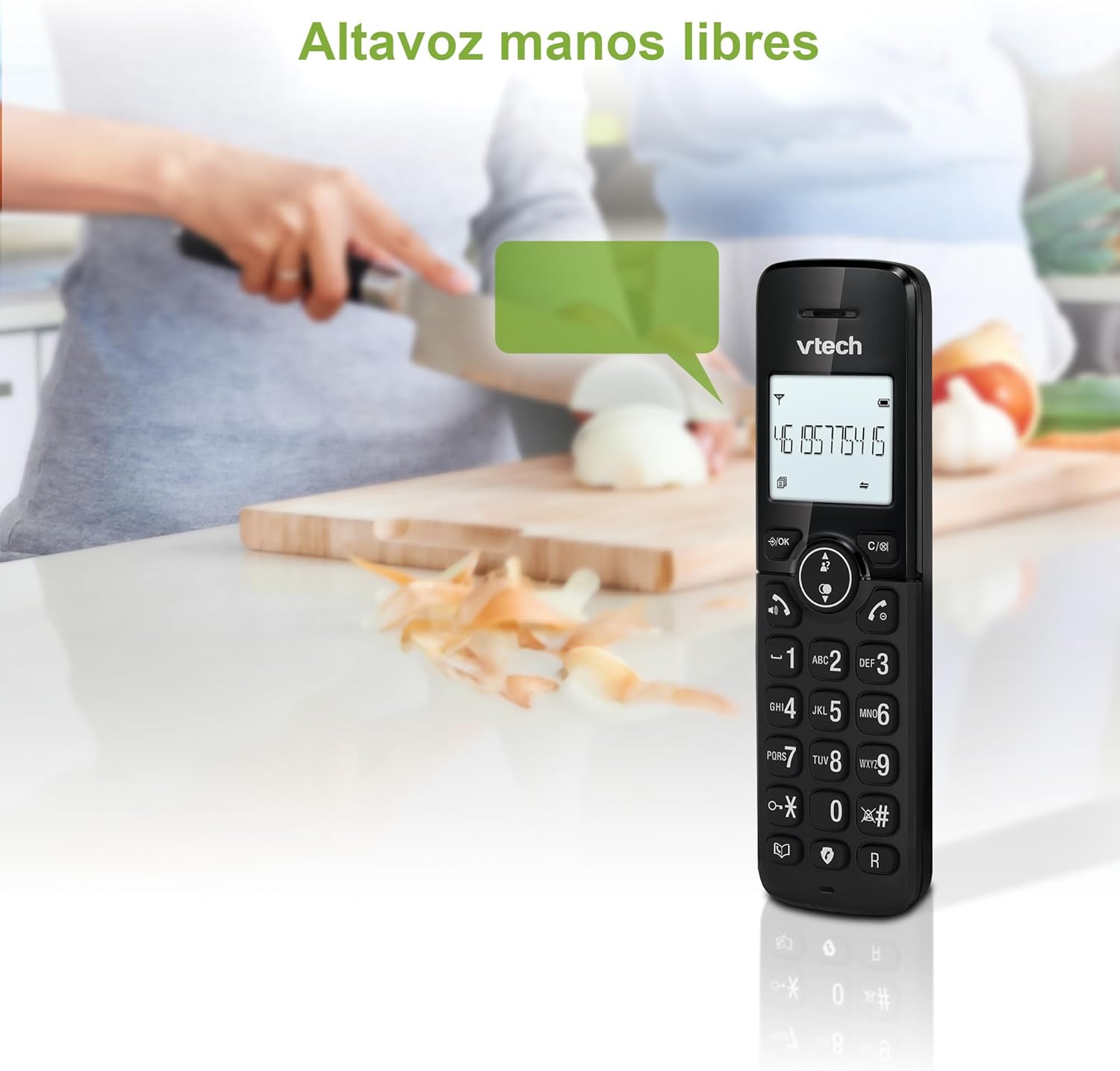 VTech CS2000 handset on a kitchen counter with a speech bubble indicating hands-free use.