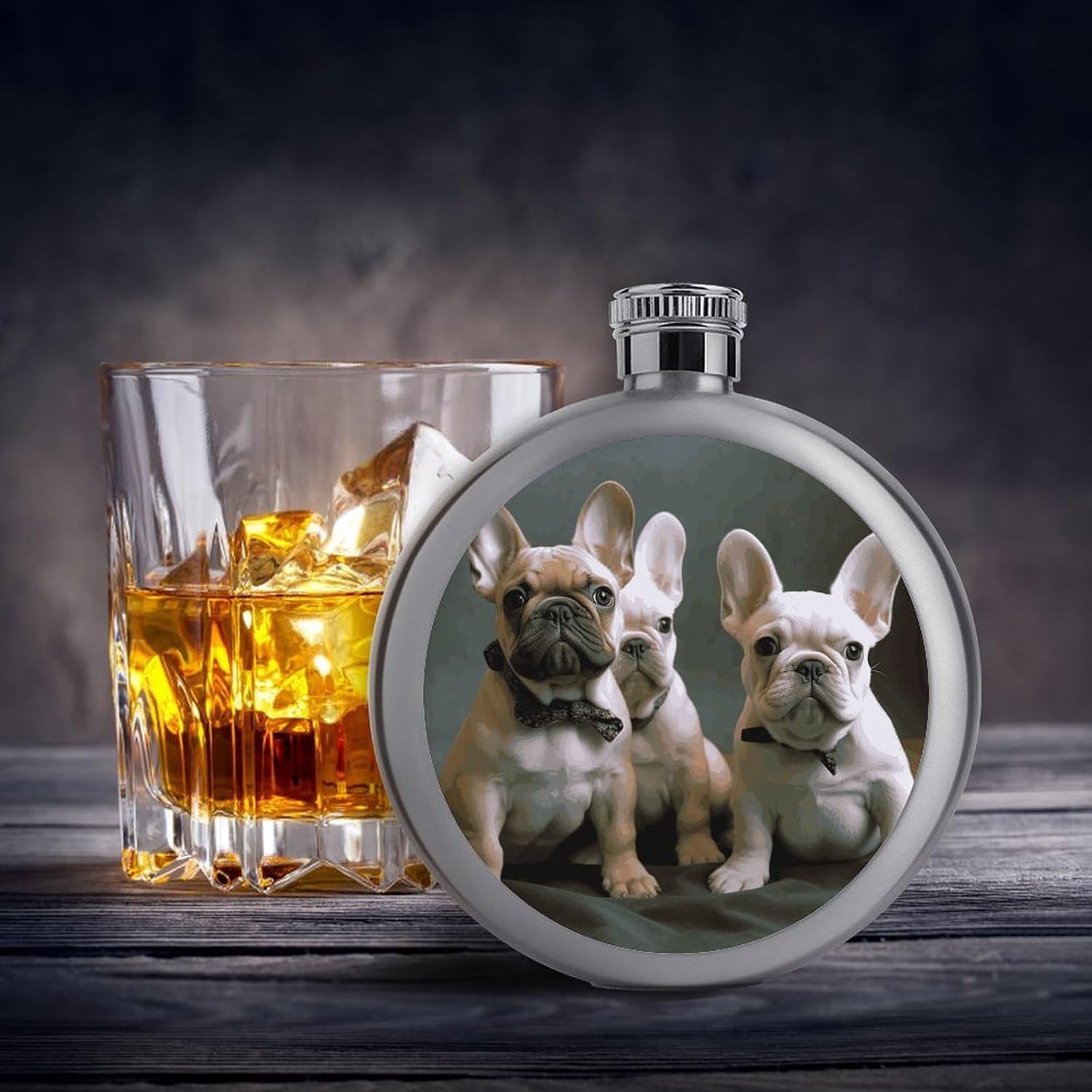 Bulldog Puppies Hip Flask Stainless Steel Round Liquor Flask 5 Oz Portable Pocket Drinking Flasks Bottle Leak Proof Liquid Container Personalized Gift for Wedding Party