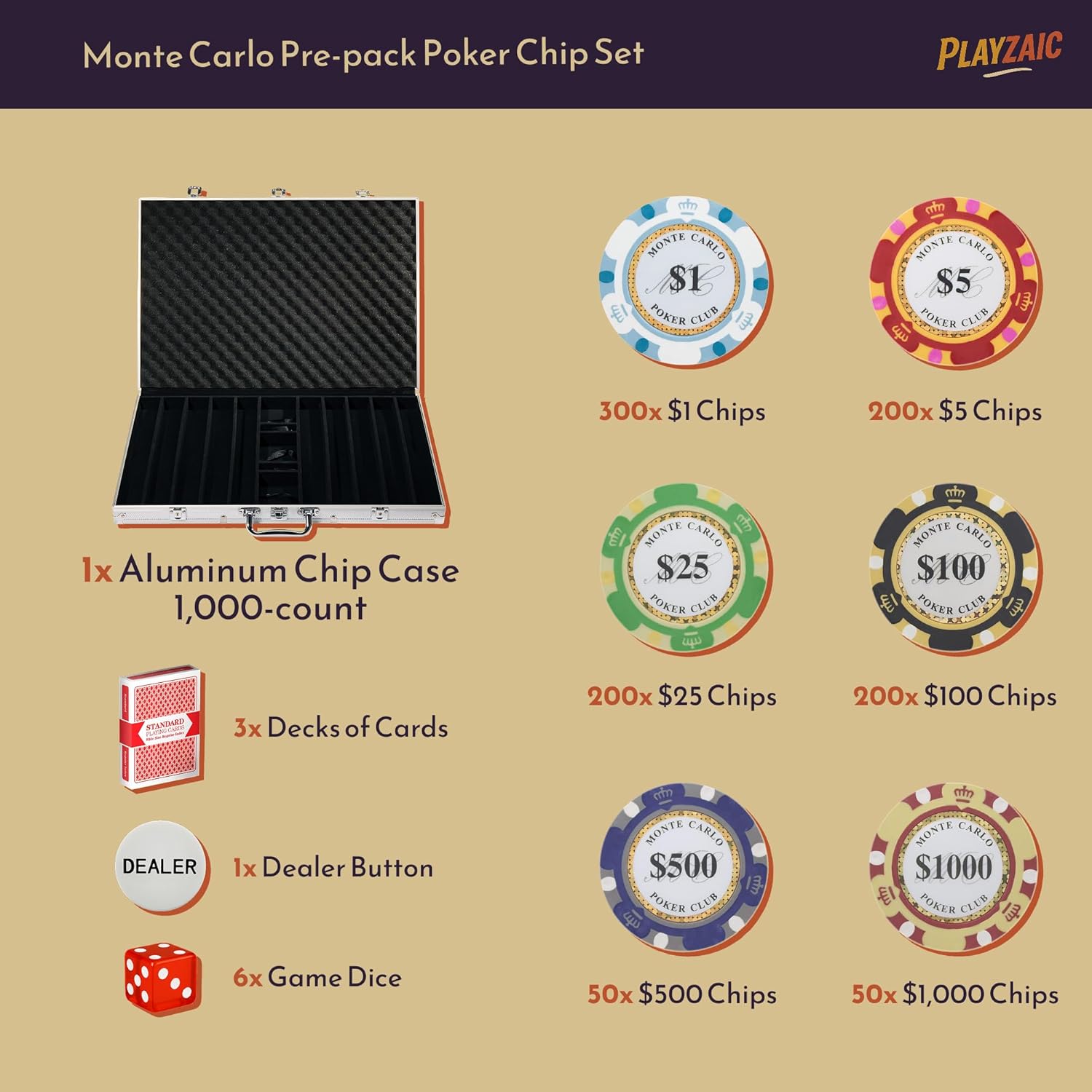 1000-piece Aluminum Monte Carlo Poker Chip Case - 13.5-gram Heavy Clay Composite Set - Casino Chips for Texas Holdem, Blackjack - Betting Game Accessories