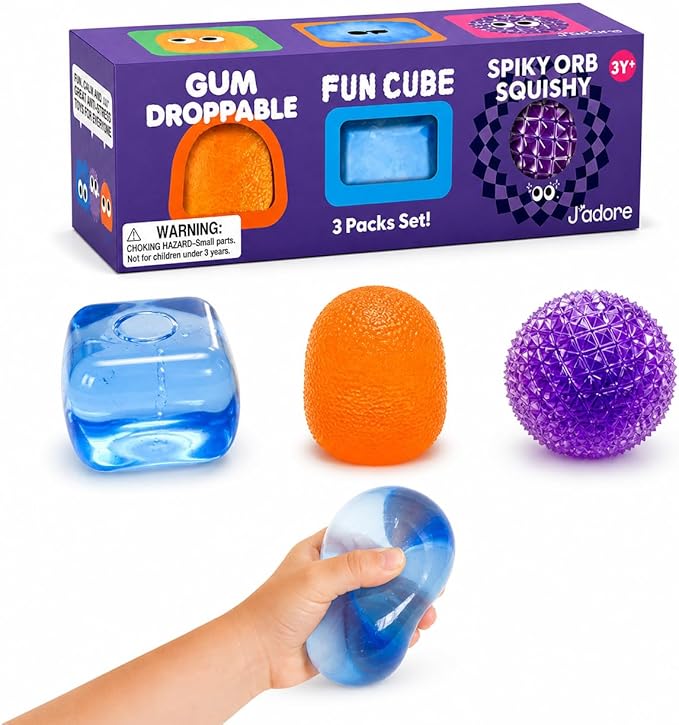 J’Adore 3 Pack Squishy Toys for Kids, Sensory Stress Relief Toys Set, Fun Cube, Gum Droppable & Spiky Orb, Soft Squeeze Fidget Toys for Toddlers Ages 3+, Party Favors & Gifts
