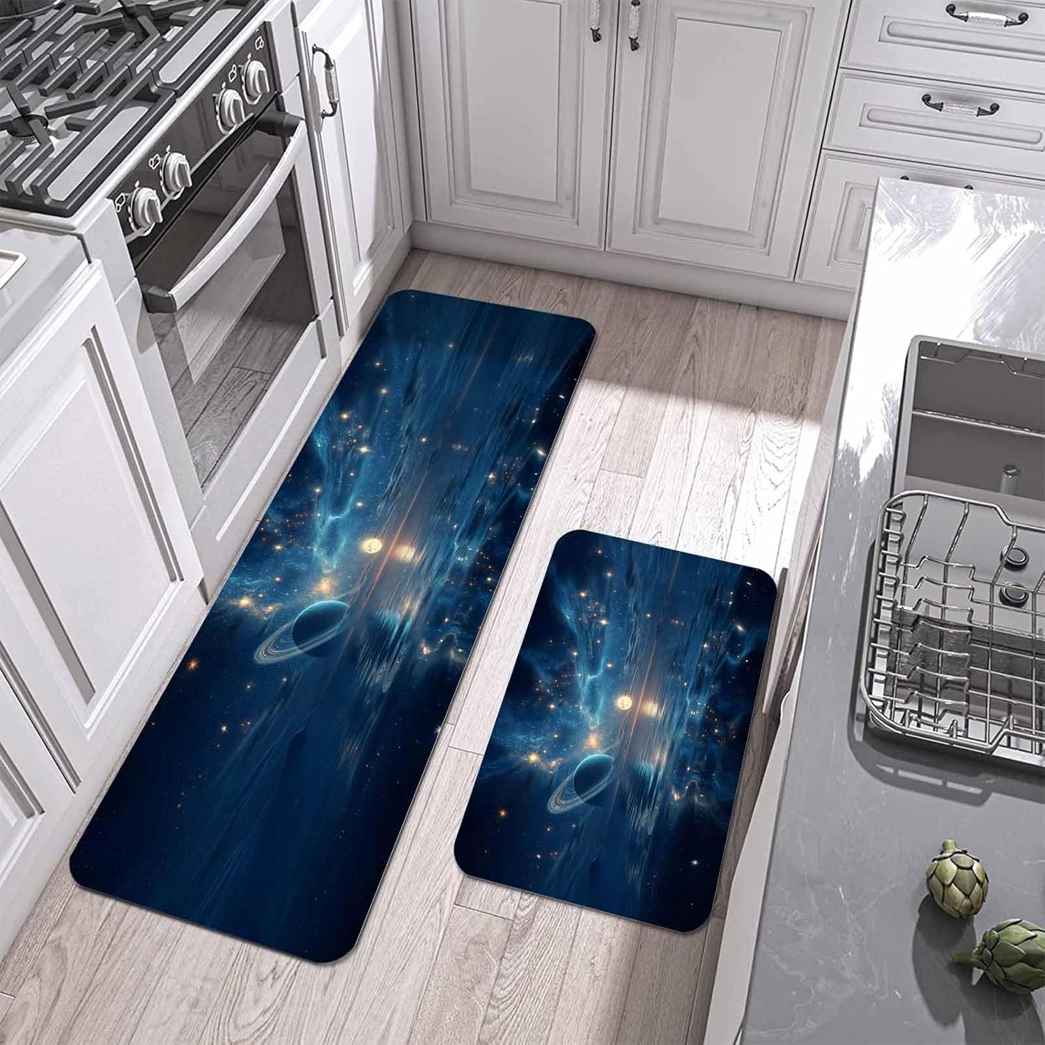 Prime Leader Dreamy Galaxy Planet Kitchen Mat Set 2 Pieces Starry Sky Mysterious Natural Sea Non Slip Kitchen Rugs Washable Runner Rug Mats for Sink Laundry (15.7" x 23.6"+15.7" x 47.2")