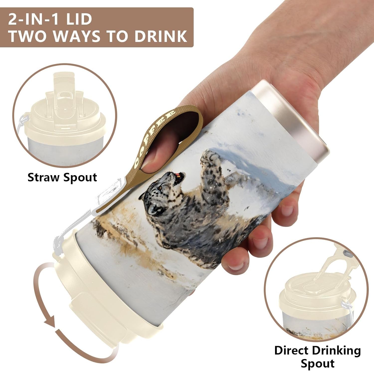 Snow Leopard Winter Insulated Coffee Mug with Straw & Flip Lid, 16.9oz Iced Tumbler Cup, Double Wall Vacuum Leak-Proof Mug for Travel Office