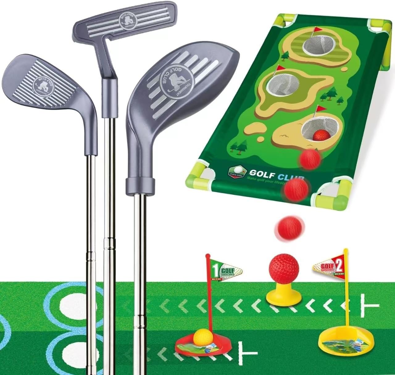 THE WHITE SHOP Toddler Golf Clubs - Length Adjustable Kids Toy Set With Cornhole, Indoor & Outdoor Backyard Game Playset for 2-6 Year Old Toddlers