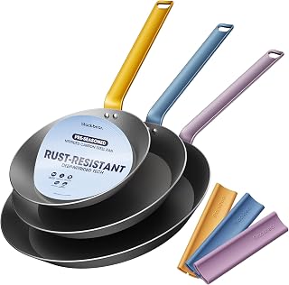 Carbon Steel Frying Pan Set, 8 10 12 Inch Nitrided Skillets | Complete Size Range for Everyday Cooking; Preseasoned Surface Develops Natural Patina without Coatings