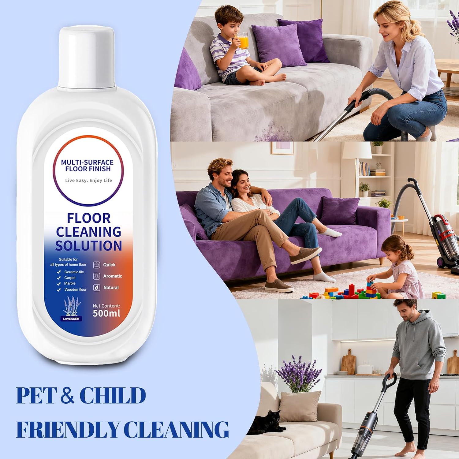 Floor Cleaning Solution for Tineco/Roborock Wet Dry Vacuum Mops and All Mopping Robot Vacuums, Residue & Streak Free,Multi-Surface Cleaner Liquid Refill (4 Bottle Pack),Lavender Scent