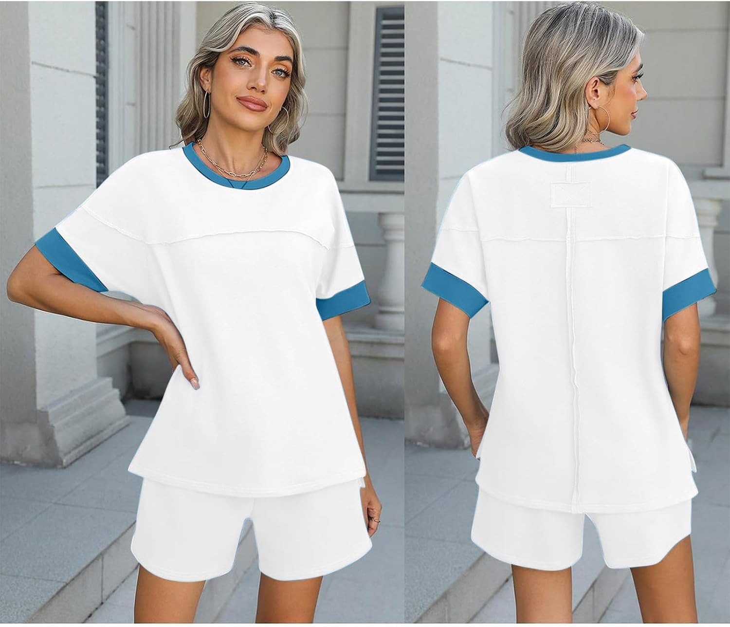 Womens Summer Lounge Sets Shorts Sweatsuit Loose Color Block Matching 2 Piece Outfits Airport Travel Vacation Sweatsuits