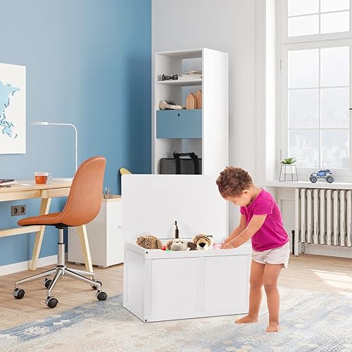 Miniatura 8 de HONEY JOY Caja de juguetes de madera para niños, banco grande de almacenamiento de juguetes 2 en 1 con tapa abatible, 2 bisagras de seguridad y asa