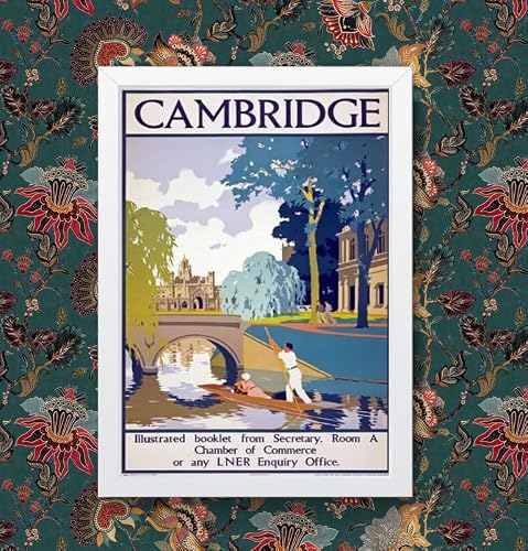 Image of Vintage 1930 LNER CAMBRIDGE Railway Travel Poster Wall Art Print | (A3 Framed - White Frame)