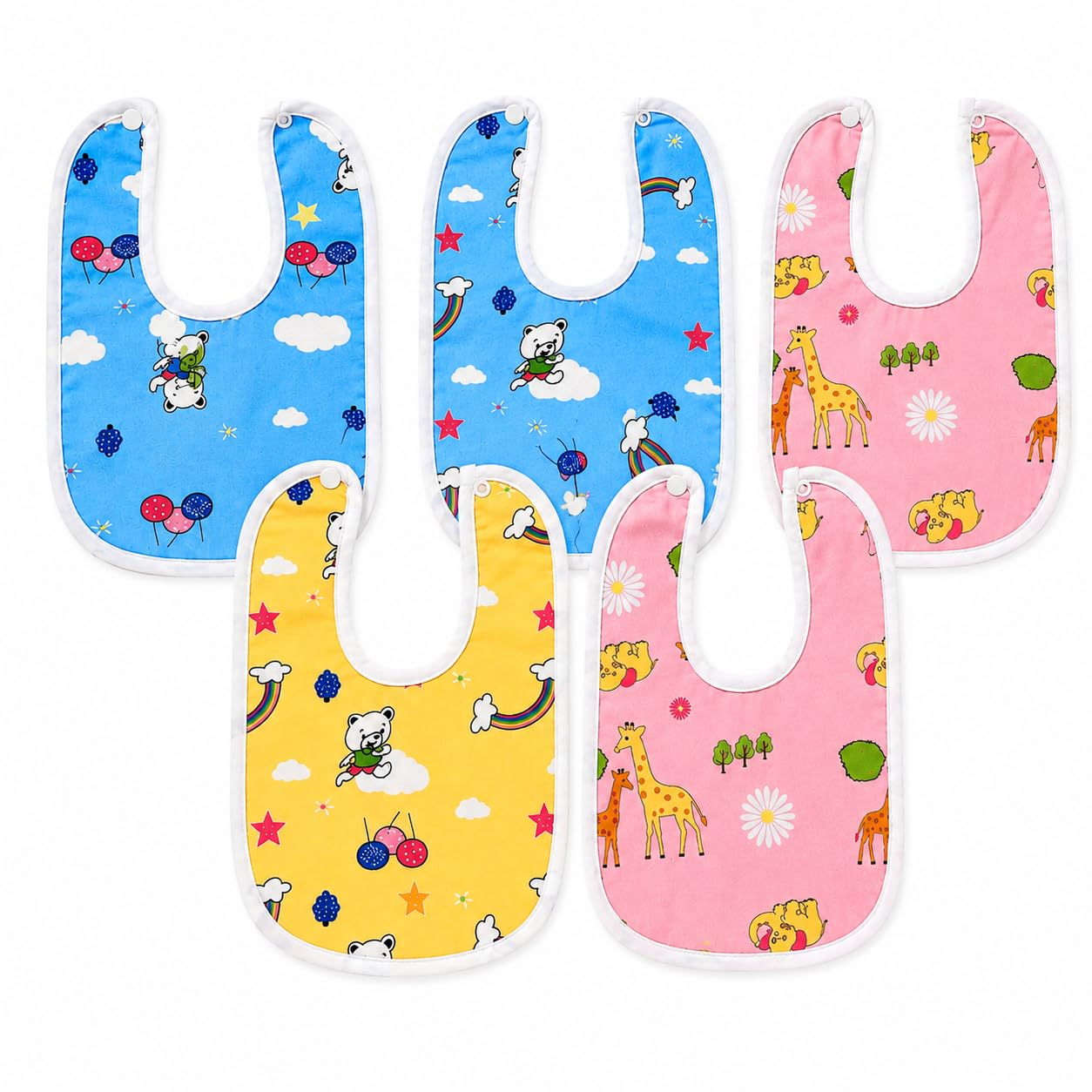 5-pack baby bibs for infants | 100% cotton soft & absorbent feeding bibs | waterproof backing | adjustable snap closure | drool & spit-up bibs | multicolor