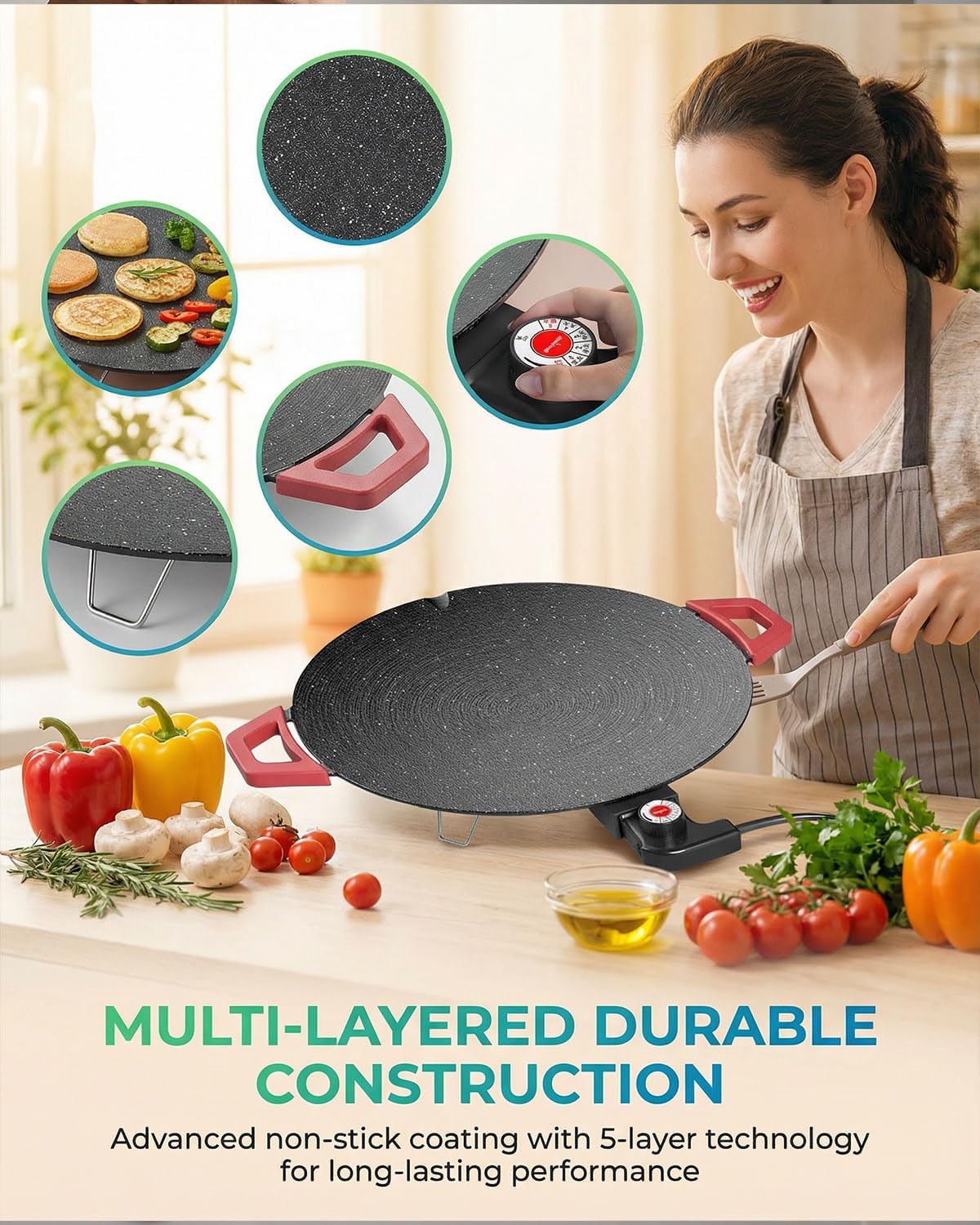 Non-Stick Electric Indoor Grill Pan,Multi-Functional Korean Electric Indoor Grill,Portable Indoor Grill Nonstick Smokeless Round Griddle for Steaks Pancakes BBQ Family Pan(L-40cm/15.7in)