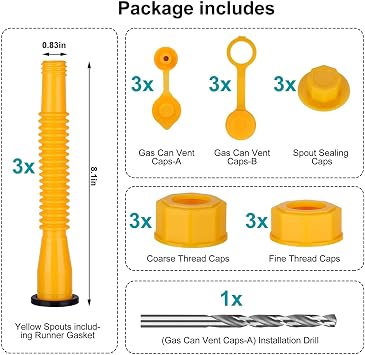 Gas Can Spout Replacement,Fuel Can Spout,Gas Tank Nozzle,Gas Tank Spout,(3Kit-Yellow) with 3 Coarse Thread Caps & 3 Fine Thread Caps,Flexible Pour Nozzle Suitable,Built in Sealing Ring Prevent Leakage