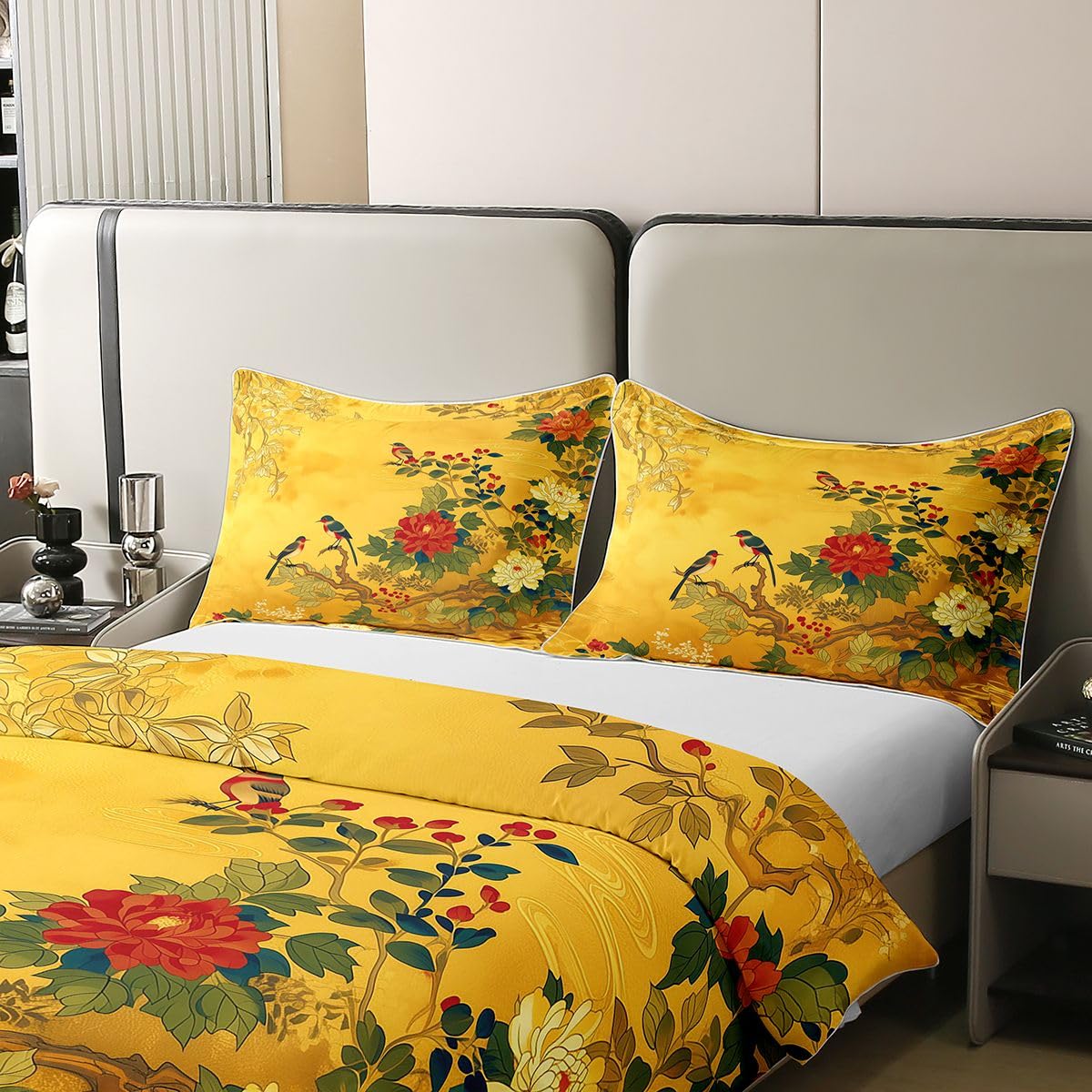 Homewish Coton Housse de Couette 220x240 Enfant Oiseaux Floraux Japonais Parure de Lit Fleurs de Pivoine Vintage Style Ukiyo e Japonais Esthétique Asiatique Orientale Traditionnelle