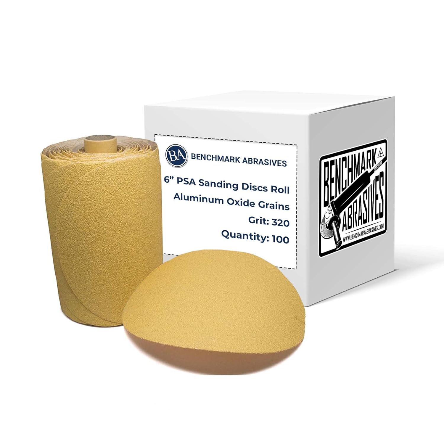 Benchmark Abrasives PSA Gold 6 Inch Self Adhesive Sanding Discs with Aluminum Oxide Grains Automotive DA Sandpaper - 6 Inch Sanding Discs Roll - Surface Blending Orbital Sanders (100 Discs), 320 Grit