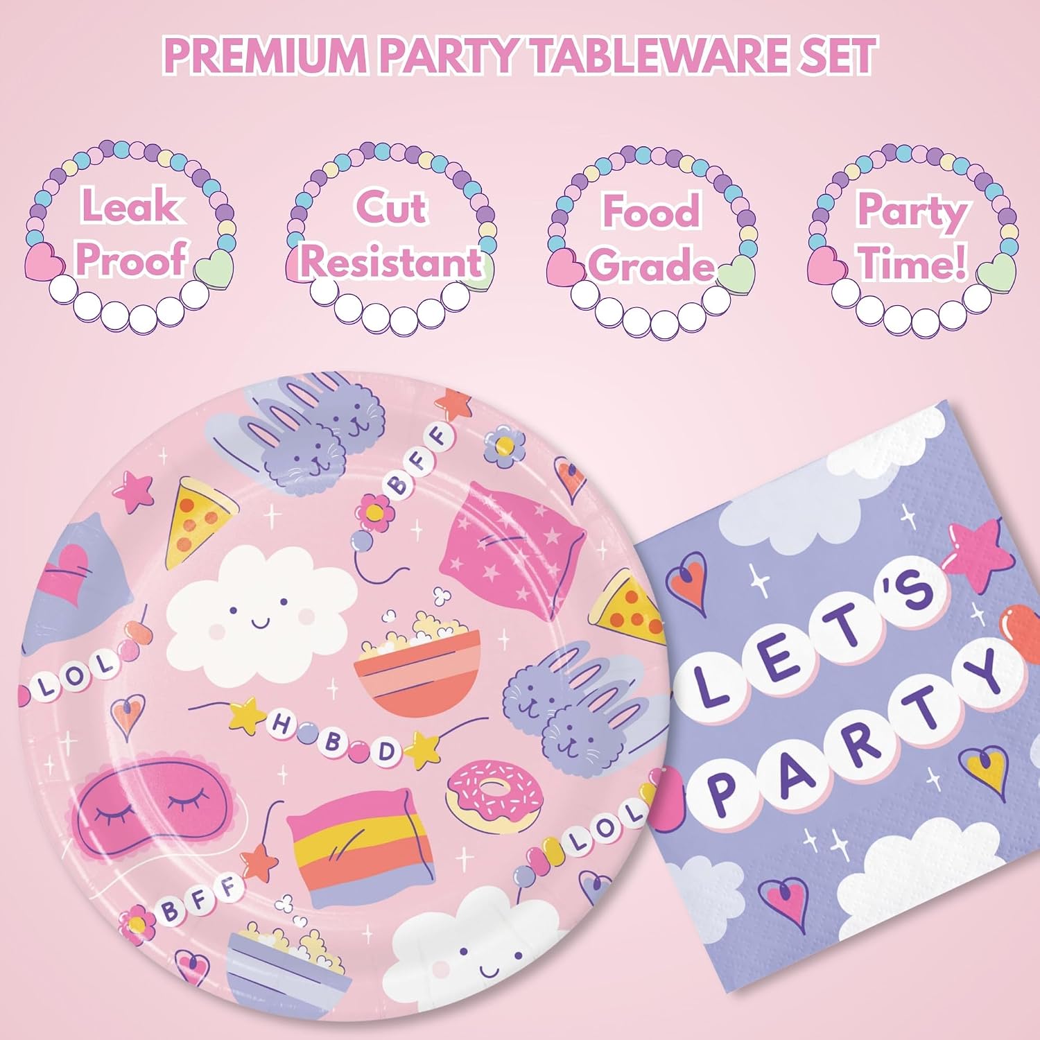 In My Birthday Era Dinner Plates – Friendship Bracelet Party Supplies (Serves 16) – 9" Pink Sleepover Plates, "Let’s Party" Napkins & White Forks – Girls Spa Party or Bestie Bash