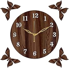 Freny Exim 12" Inch Wooden Mdf English Numeral 4 Butterfly Round Analog Wall Clock Without Glass (Brown, 30Cm X 30Cm) - 1