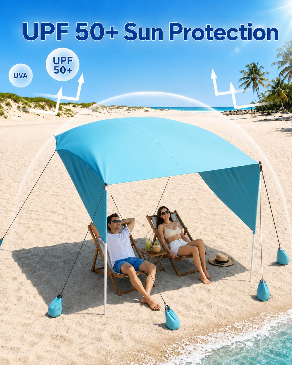 ABORON Beach Shade Canopy, 100 Sq.Ft. Wind-Supported Sunshade Sail for 4-6 People, Lightweight Easy Setup Beach Tent with UPF 50+ Sun Protection, Sandbags & Poles for Family Beach Trips (Aqua)