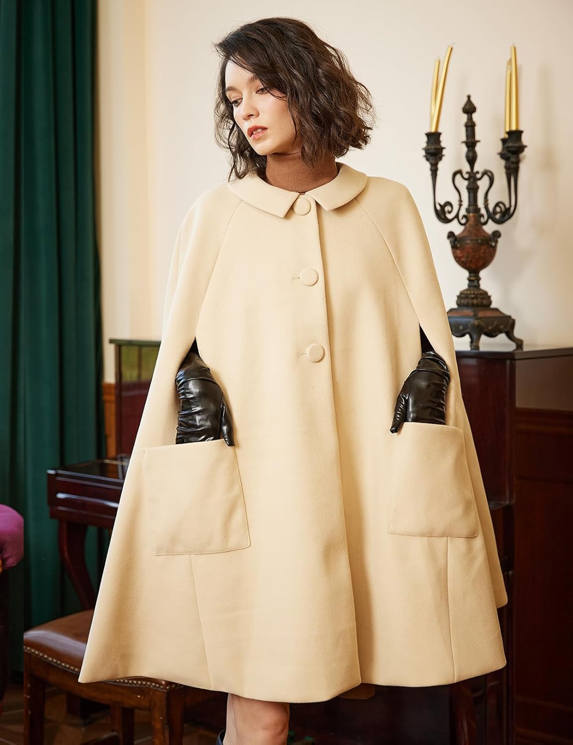 BEAUTELICATE Women Wool Blend Cape Slit Sleeve 2 Pockets Turn Down Collar Elegant Poncho