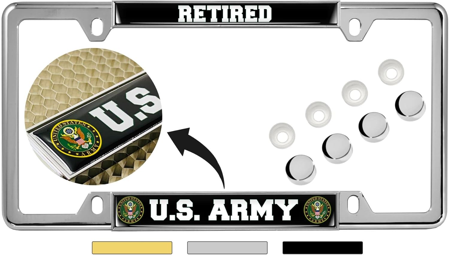 [Officially Licensed Product] - U.S. Army Retired - Domed Custom-Made Personalized Narrow (Thin) Top 4 Hole Metal Car License Plate Frame with Free caps - Chrome (Quantity: 1 Frame)