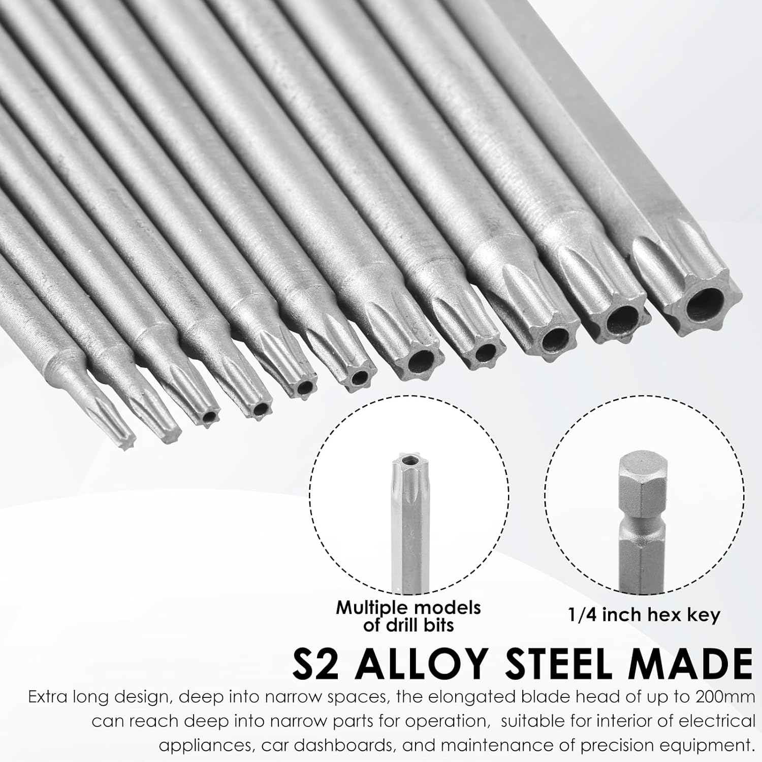 11 Pcs 8 Inches Long Screwdriver Bit Set S2 Alloy Steel Magnetic Drill Bit Set with 1/4 Inch Hex Shank T6、T7、T8、T9、T10、T15、T20、T25、T27、T30、T40 for Electrical Appliance Automotive
