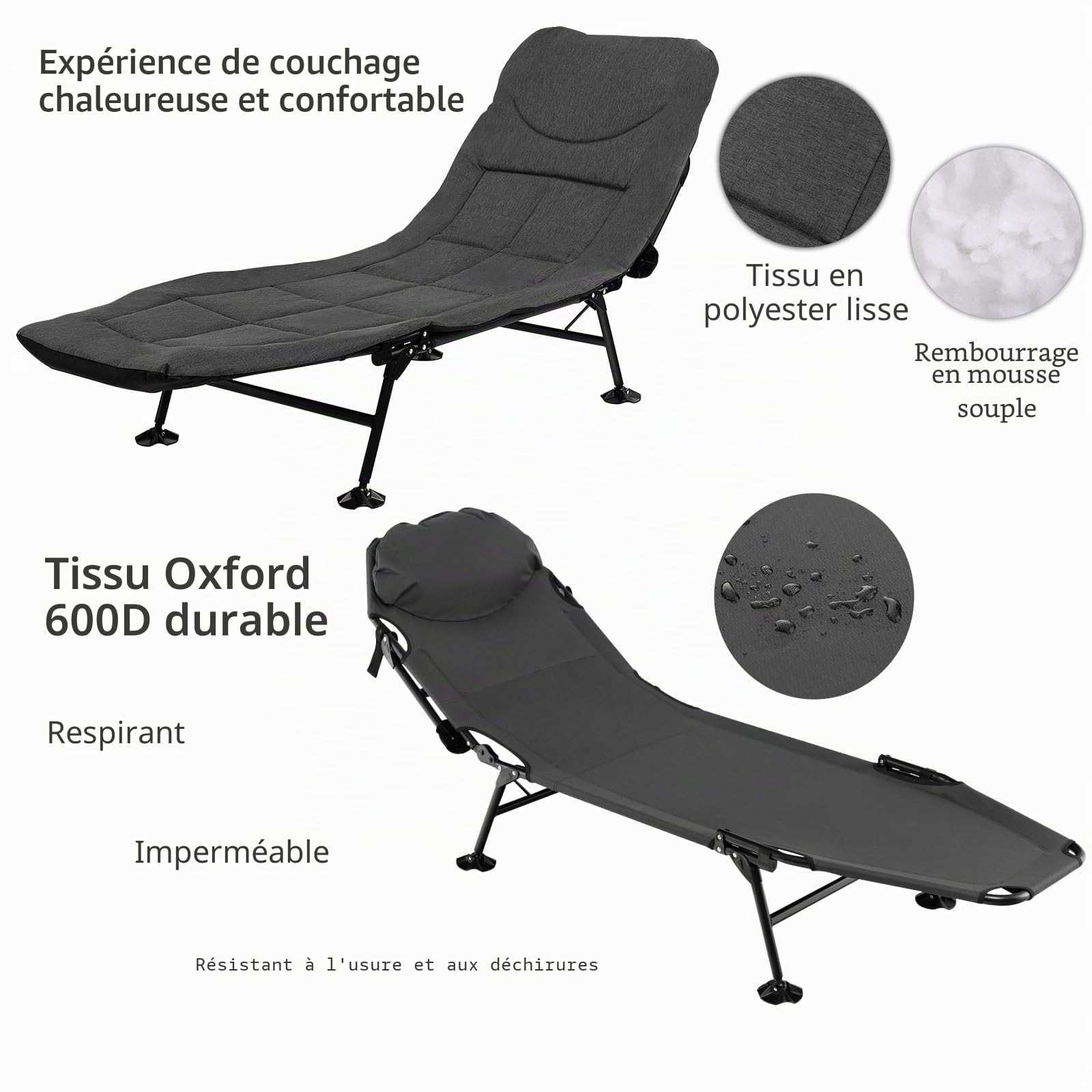 KOMFOTTEU Lit de Camping Pliant, Dossier 6 Positions, Matelas Amovible