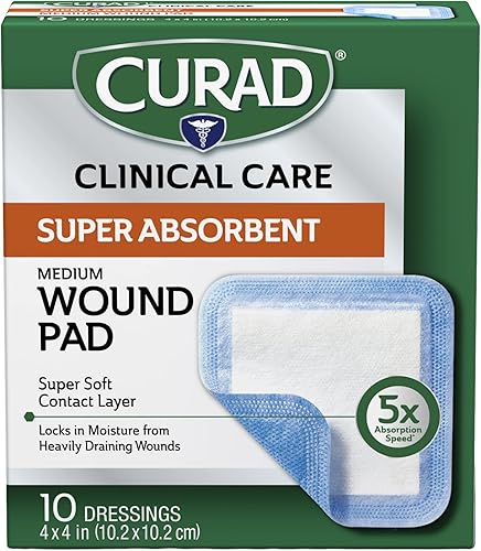 Curad Almohadilla súper absorbente para heridas, mediana, 4 x 4 pulgadas, 10 unidades