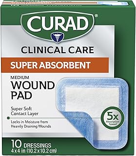 Curad Super Absorbent Wound Pad, Medium, 4" x 4", 10 Count