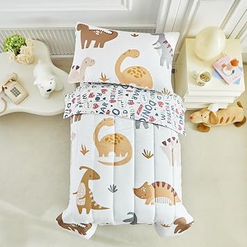 Dinosaur Toddler Bedding Set for Boys Girls Coffee 4 Pieces Toddler Bed Set - Ultra Soft Cute Dinos Toddler Bed in a Bag - Includeing Comforter Sheet Set Pillowcase SYUTBS-21-T05
