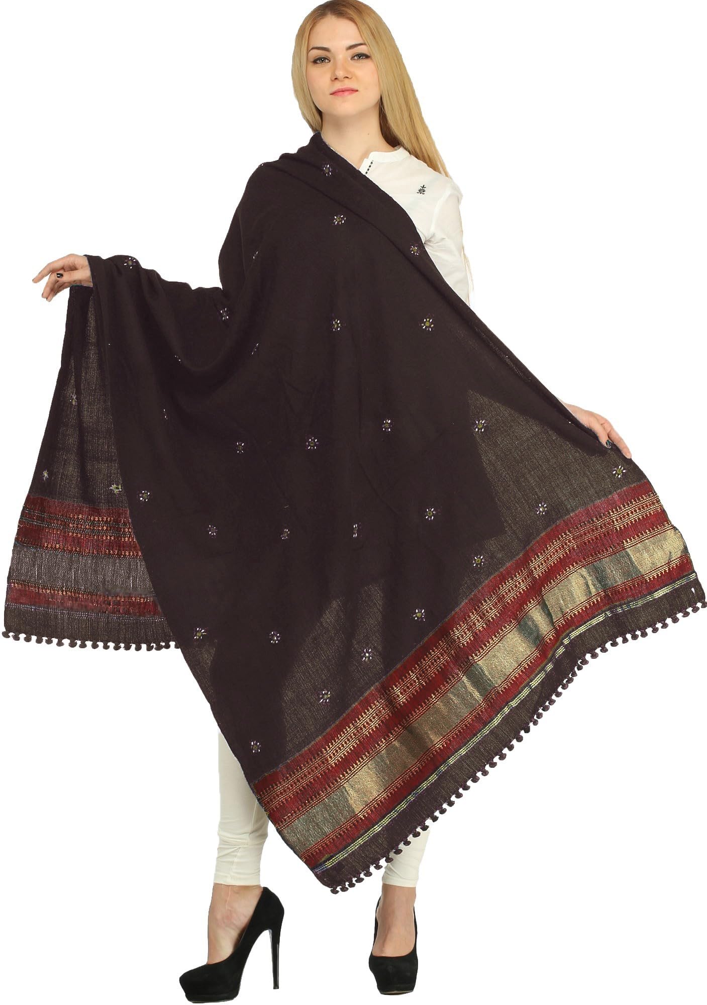 Women's Wool Shawl from Kutch with Embroidered Bootis and Golden Woven Border Ethnic Design Stole, Scarves-image-33
