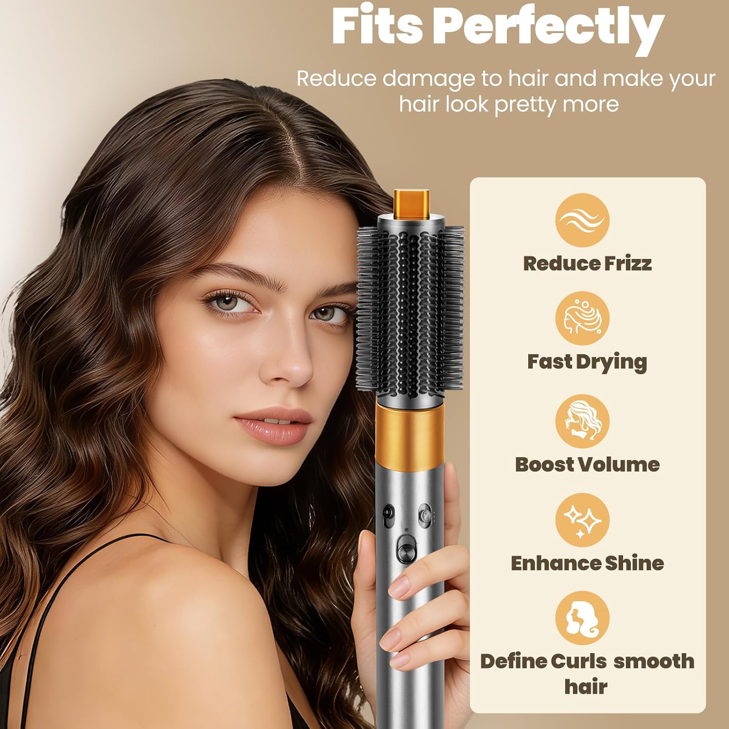 Upgraded Round Volumizing Brush Compatible with Dyson Airwrap Attachments,Round Brush Hair Accessories Compatible with Airwrap HS01/05/08 for Straighten Dry Curls Add Volume (Nickel/Copper)