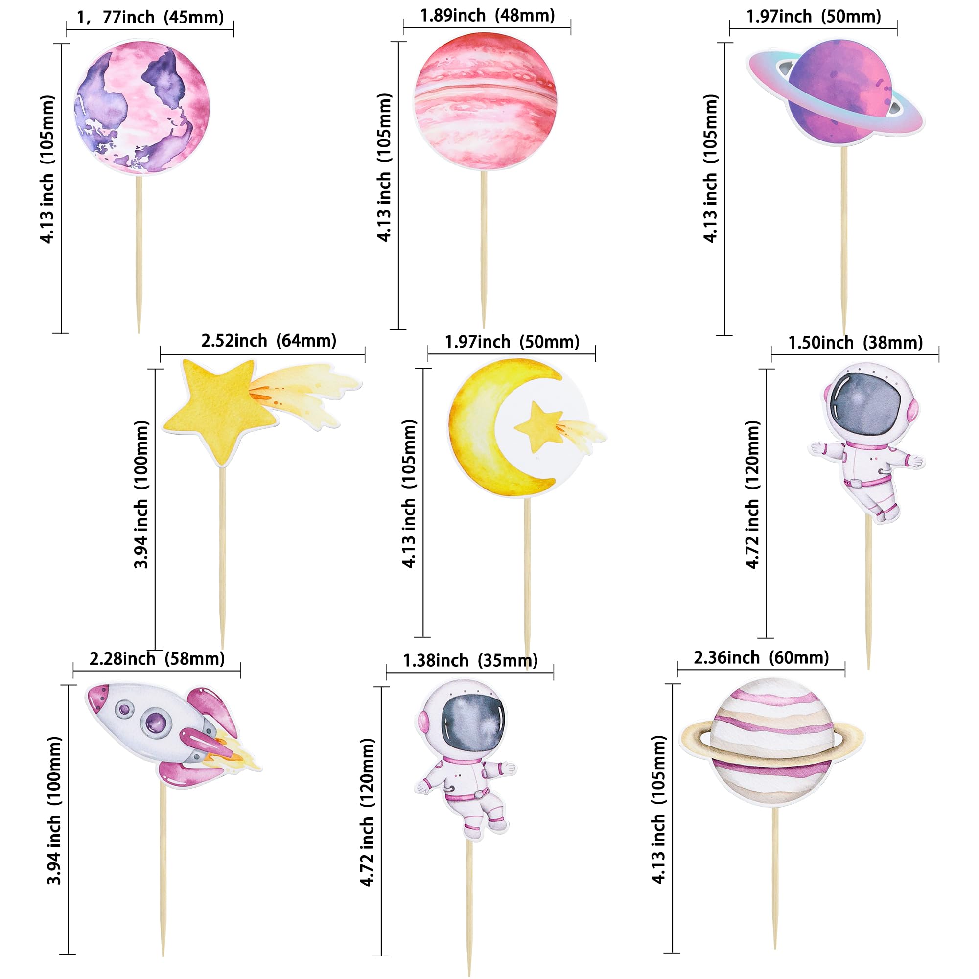Ephlyn 36Pcs Space Astronaut Cupcake Toppers Space Girl Moon Star Rocket Planet Cupcake Toppers Earth Planet Cupcake Picks Space Theme Gender Reveal Birthday Shower Party Supplies Pink