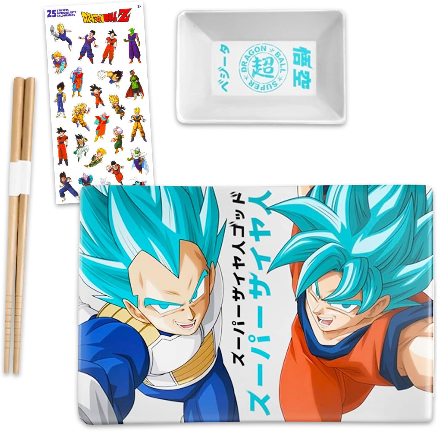 Dragon Ball Sushi Plate Set - Home Decor Bundle with Goku and Vegeta Sushi Plate, Dipping Saucer, Chopsticks for Adults, Teens | Collectible Dragon Ball Super Kitchen Decor Gift Set