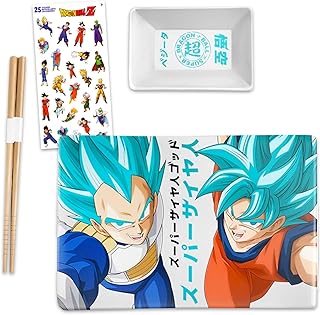 Dragon Ball Sushi Plate Set - Home Decor Bundle with Goku and Vegeta Sushi Plate, Dipping Saucer, Chopsticks for Adults, Teens | Collectible Dragon Ball Super Kitchen Decor Gift Set
