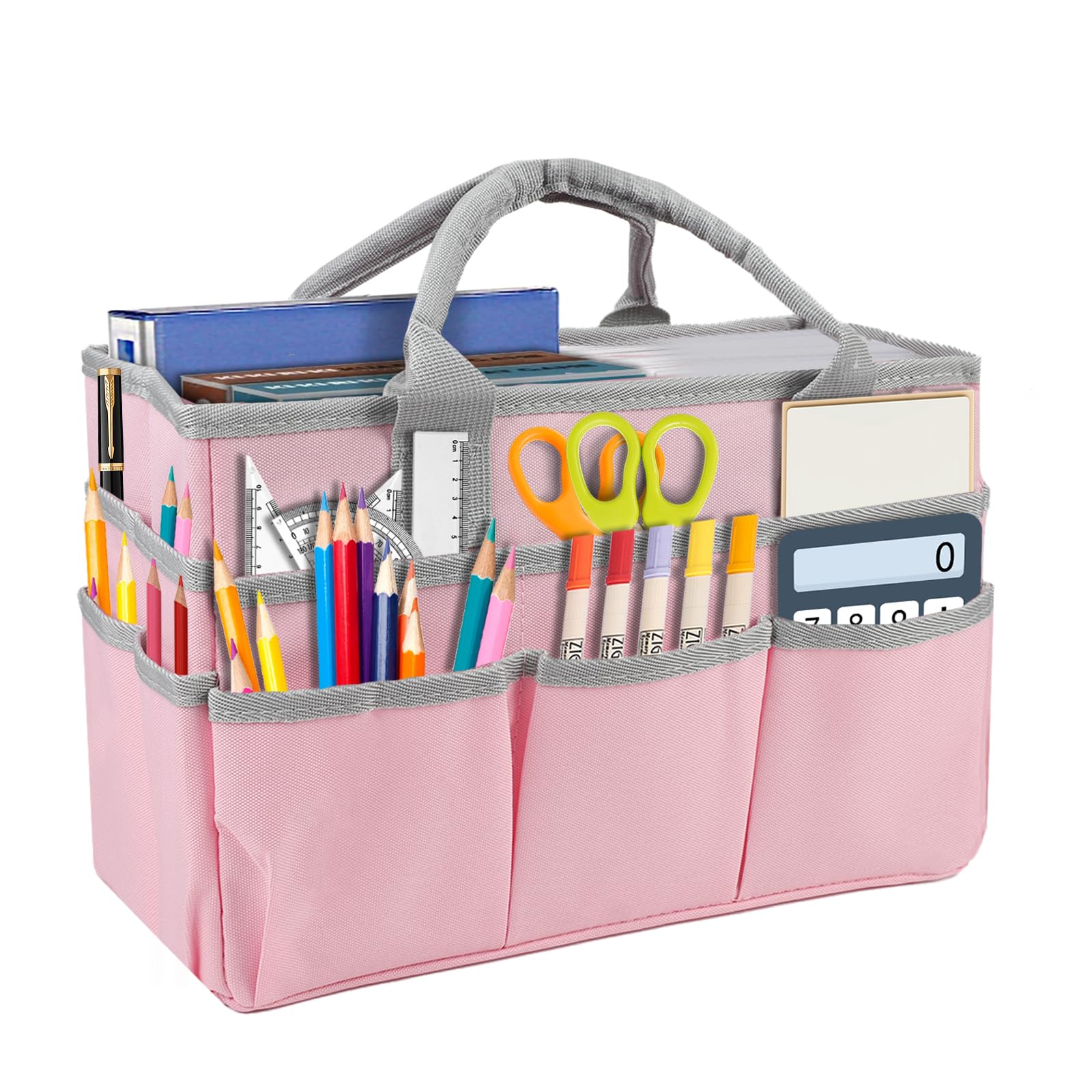 Craft Organizer Tote Bag,Foldable Large Art Storage Caddy, Oxford Fabric Gardening Tool Bag with Multiple Pockets for Art, Craft, Scrapbooking, School, Medical, Office Supplies Storage (Pink Gray)