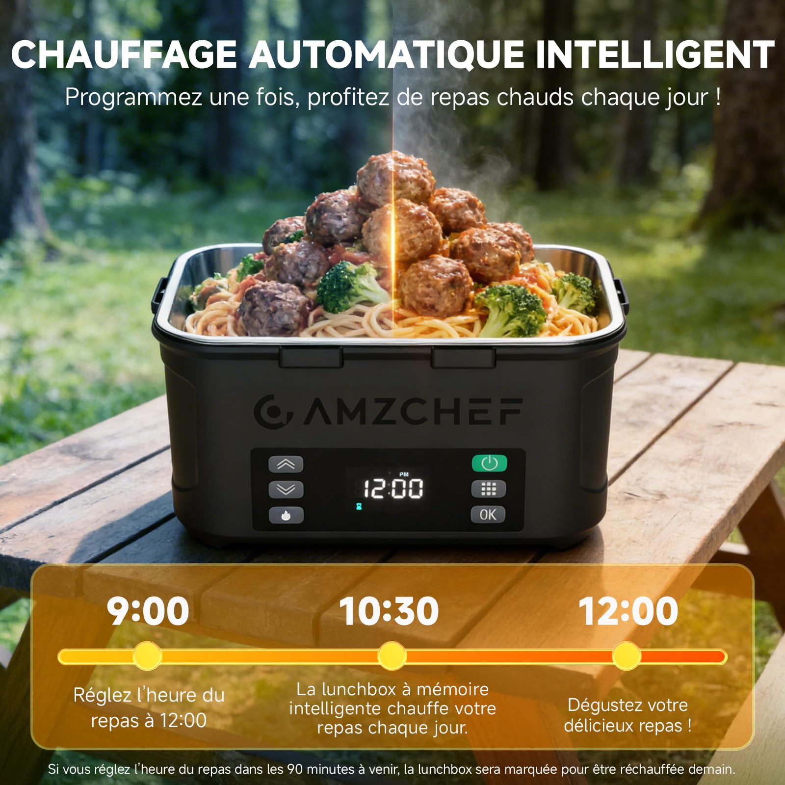 AMZCHEF Gamelle chauffante 1,5 L - lunch box chauffante Électrique 27000mAh, chauffage sur 5 faces, fonction de réchauffage instantané, avec horloge et mémoire, recharge rapide en 3,5 heures(noir)