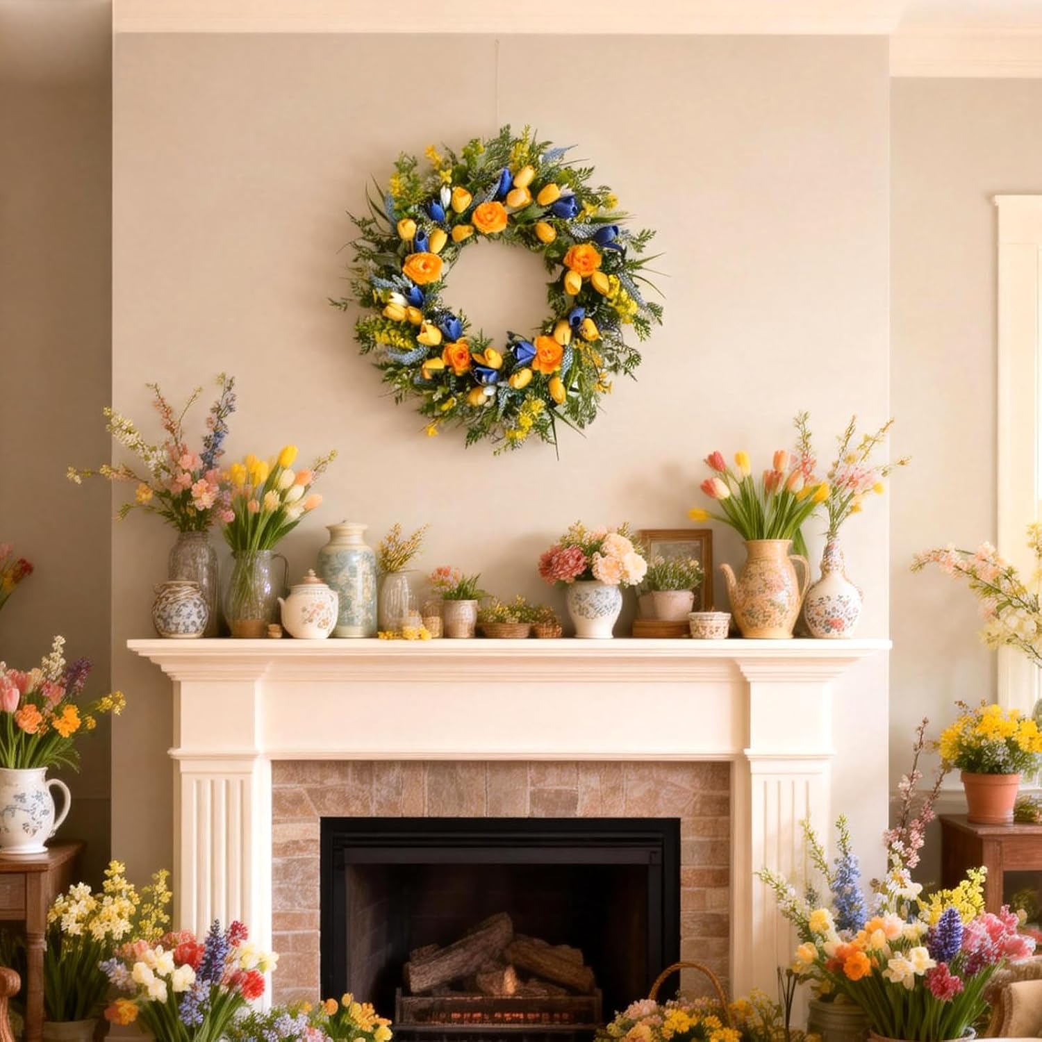 Idyllic 22 Inch Spring Summer Wreath for Front Door Artificial Tulip Wreath with Yellow Blue Tulips Orange Roses Lavender Home Decor Window Mantel Wedding