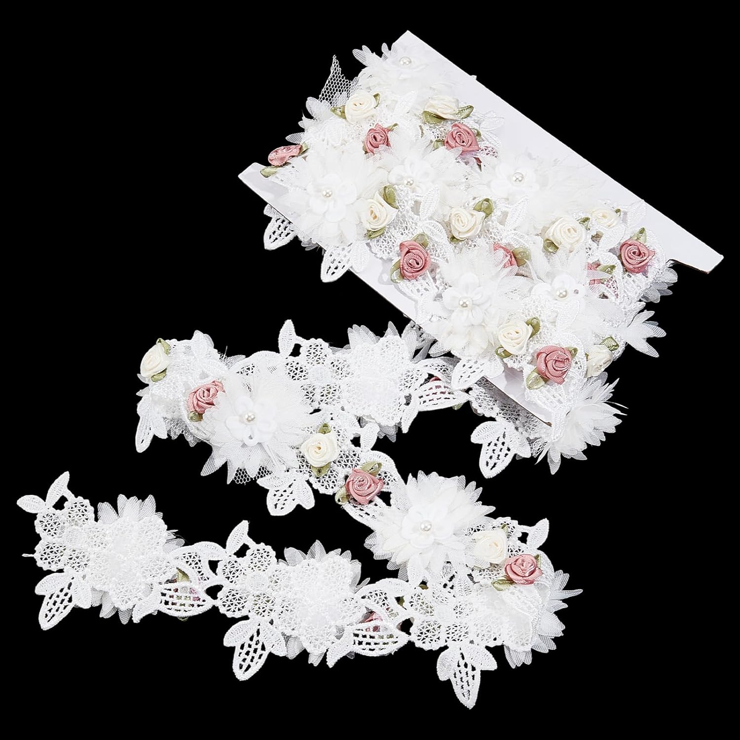 3 Yards 3D Flower Pearl Lace Trim, Chiffon Flower Embroidery Edge Trim, Elegant Vintage Beaded Eyelet Sewing Trims for Wedding Bridal Dress Clothes Hat Decoration