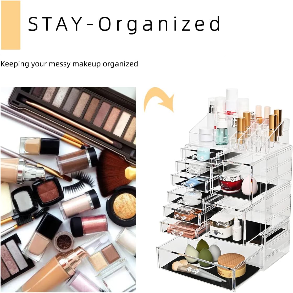 Makeup Organizer,Large Clear Acrylic Makeup drawers Cosmetic Makeup and Jewelry Storage Case Display Box With 10 Large Drawers,Great for Bathroom, Dresser, Vanity and Countertop