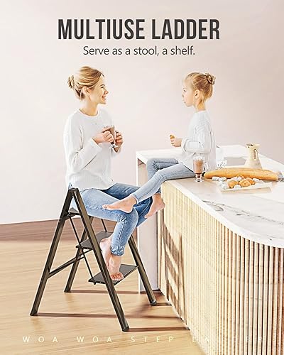 Miniatura 7 de WOA WOA Escalera plegable de 3 escalones, ligera y portátil de 3 peldaños con pedal antideslizante, escalera de aluminio, taburete para oficina,