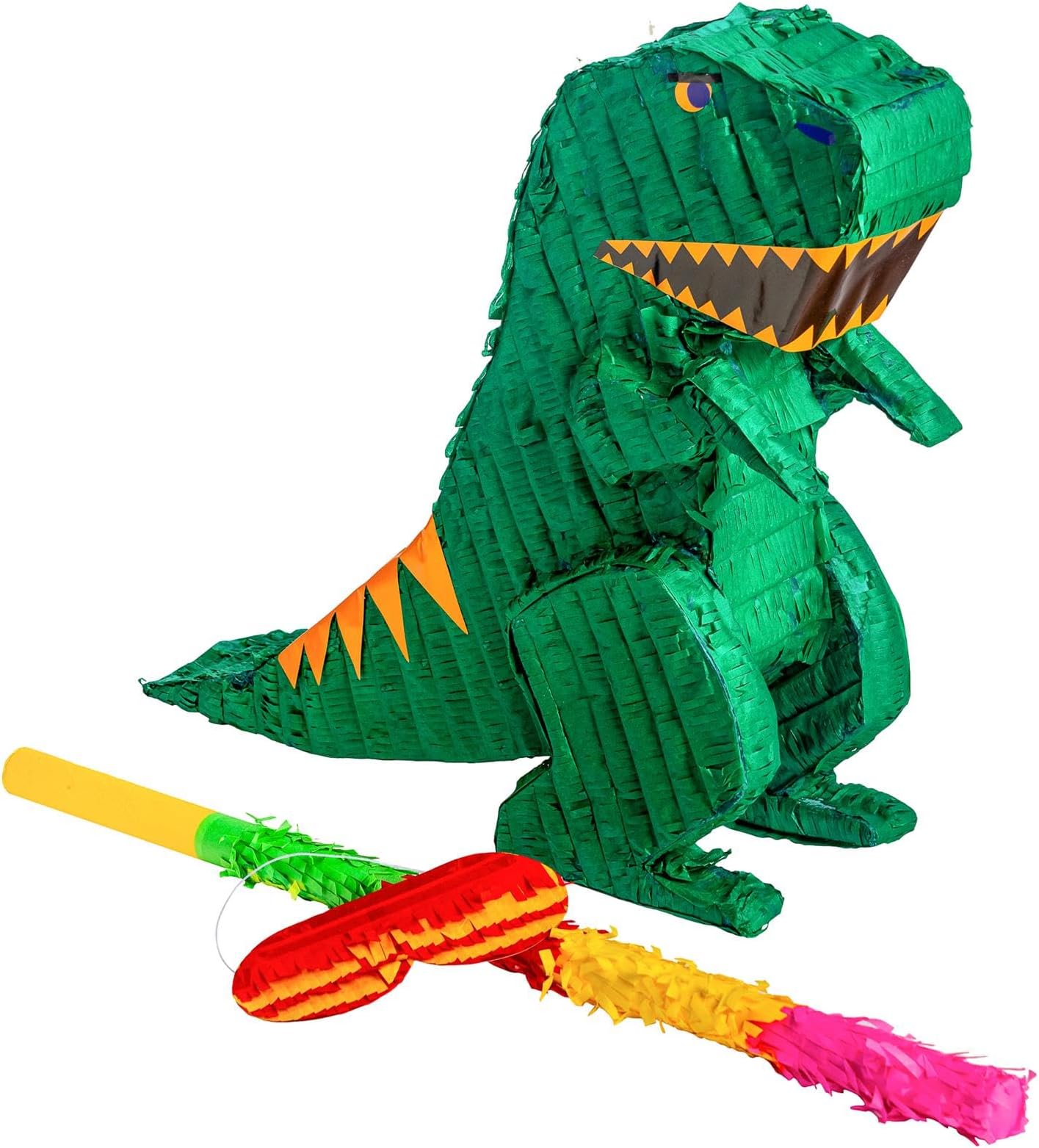 Rex the Dinosaur Pinata, Rainbow Buster Stick and Blindfold Set (W40 x D13 x H55cm) Fill Your Own Kids Large Party Supplies Themed Birthday Accessory Fun Decoration Pinata for Kids Parties