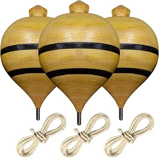 Classic Wooden Trompos - Set of 3 Spinning Tops - Hand-Carved with Smooth Finish - Durable Steel Point - Perfect for Kids and Adults - Skill-Building Toys