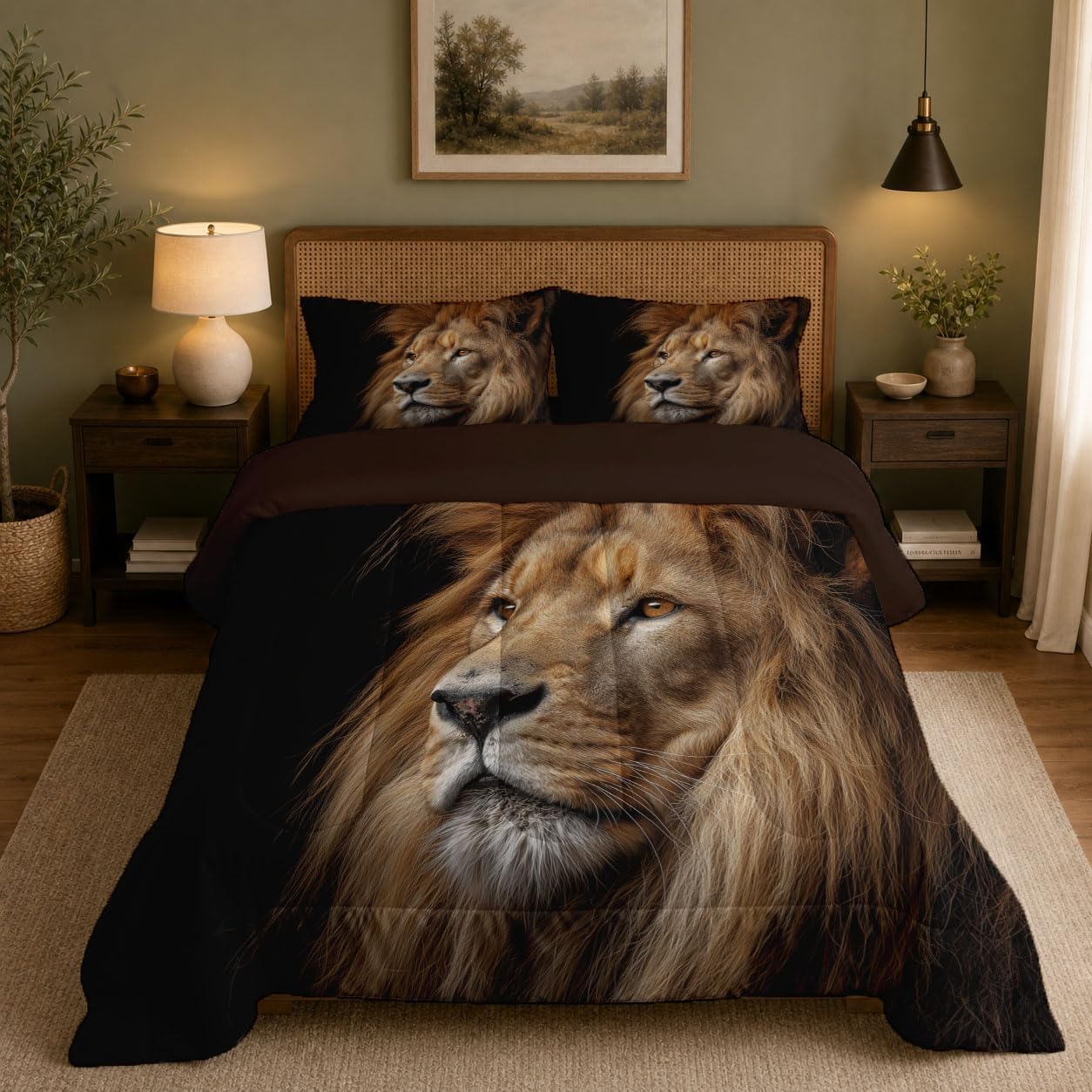 Wild Animals Comforter Set King Size, Realistic Lion Head Bedding Set for Girls Boys, Golden Yellow Quilt Bed 104"X90" Bedding Comforter Sets with 2 Pillowcase Room Decor