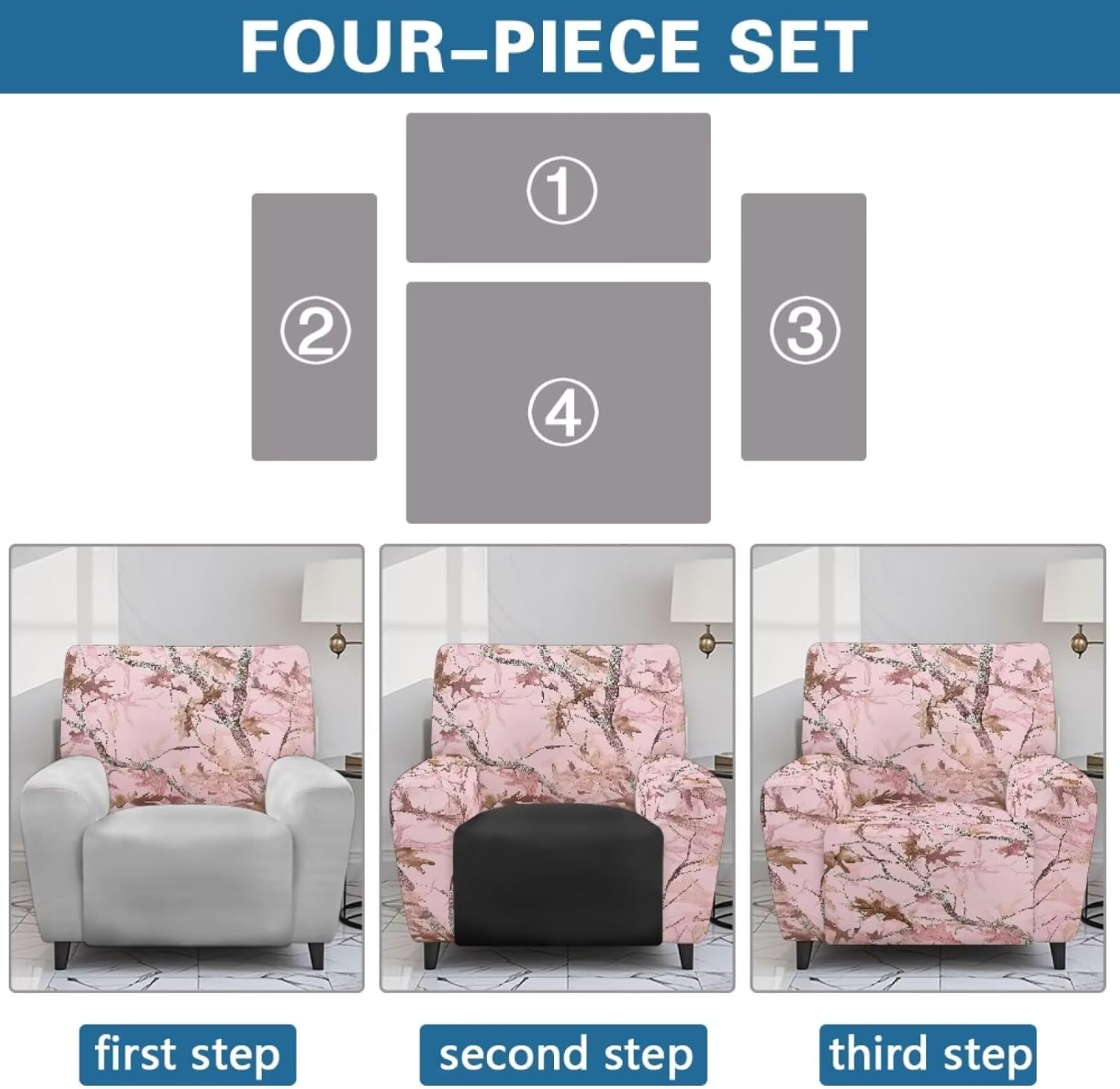 chaqlin Pink Camo Hunting Print 4 Pieces Stretch Recliner Covers, Hunting Recliner Sofa Slipcover, Fitted Washable Reclining Slipcovers for Pets Kids, Soft Lazy Boy Chair Covers