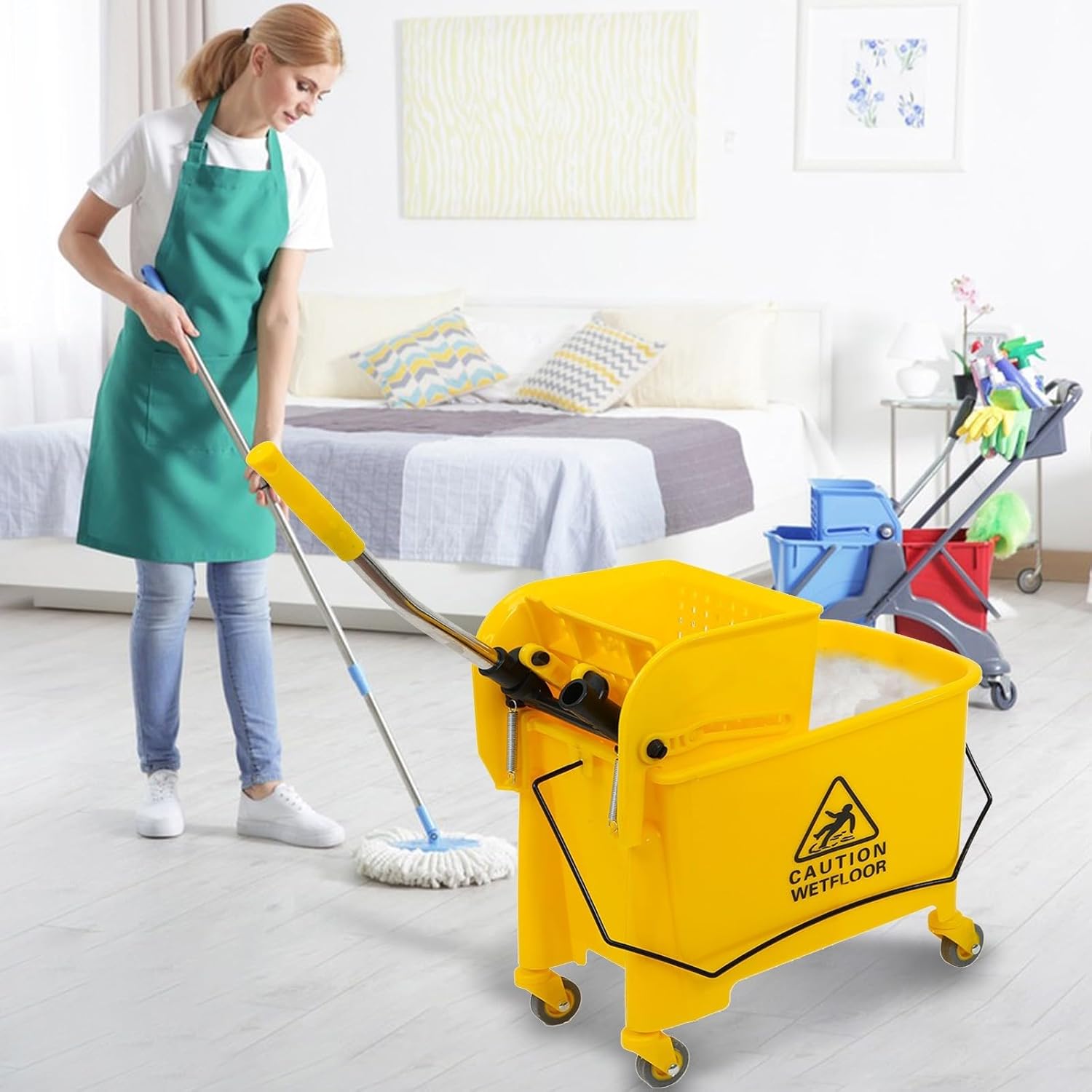 Mop Bucket with Wringer on Wheels, 5.28 Gallon Mop Bucket and Side Wringer Combo with Wheels for Business, Commercial Janitorial Cart Spring Wringer for Home and Industrial