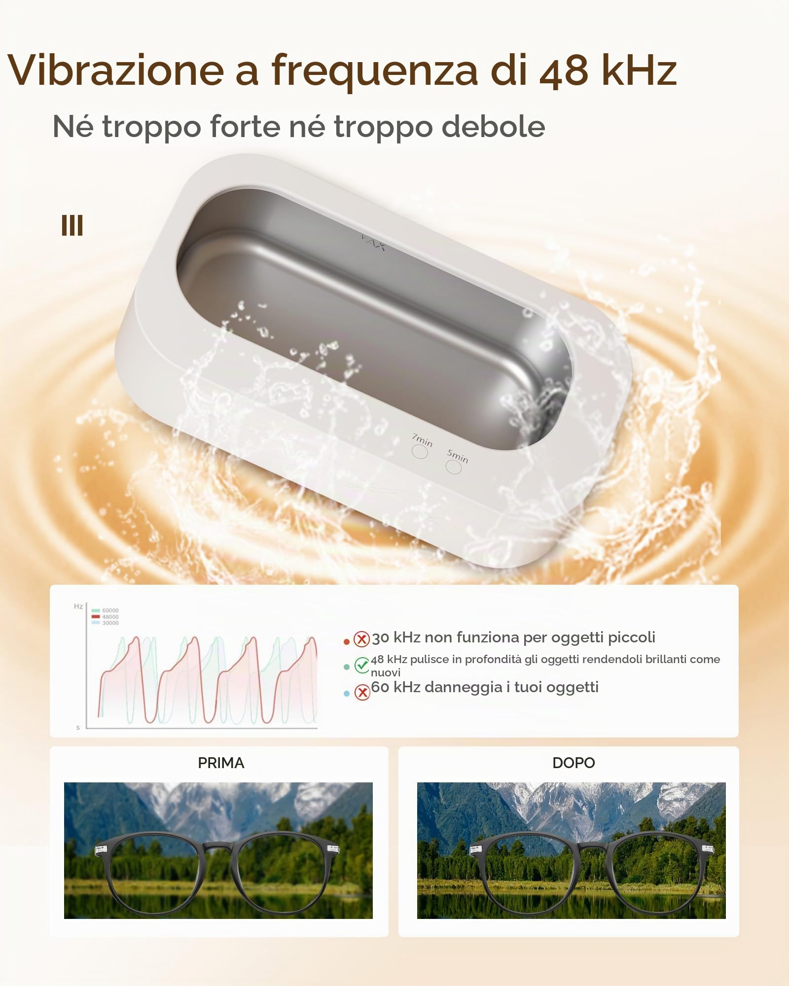 Pulitore Ultrasuoni,Professionale 48KHz Ultrasonica Lavatrice per Gioielli,Occhiali,Protesi Dentarie,Cinturini di Orologi,Retainer,Anelli - 2 Modalità di Pulizia,Serbatoio in Acciaio Inox 304 da 350ML