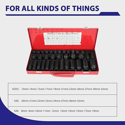 Miniatura 3 de 35pcs 1/2 pulgada Drive Deep Impact Socket Tool Set Metric 0.315-1.260 in Garage Sae con caso